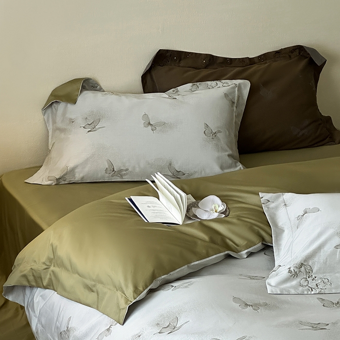 91家纺网 家纺一手货源 找家纺 赫帛 2025新款50S色织提花贡缎长绒棉四件套-蝶恋花 蝶恋花-绿色