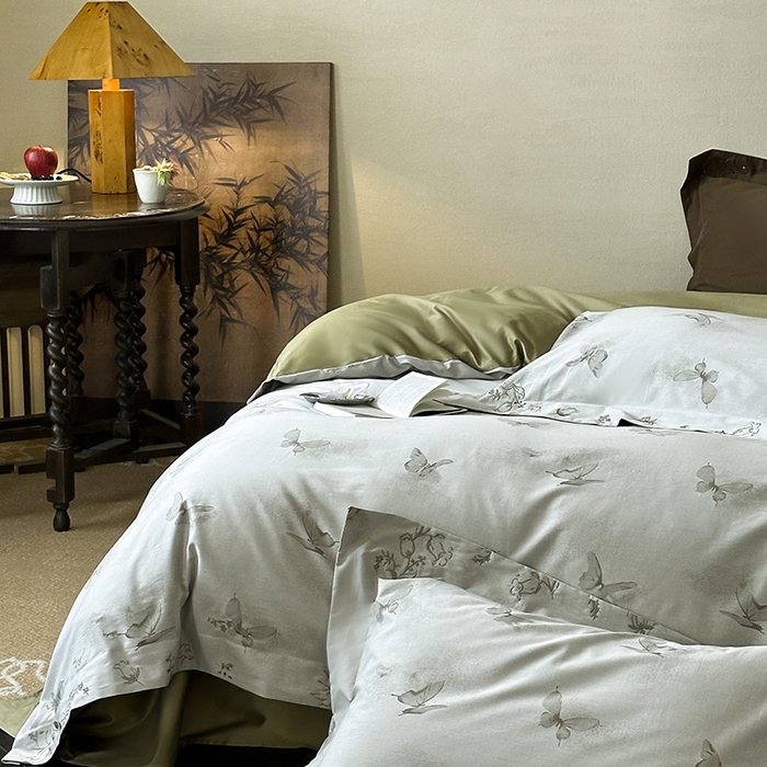 91家纺网 家纺一手货源 找家纺 赫帛 2025新款50S色织提花贡缎长绒棉四件套-蝶恋花 蝶恋花-绿色