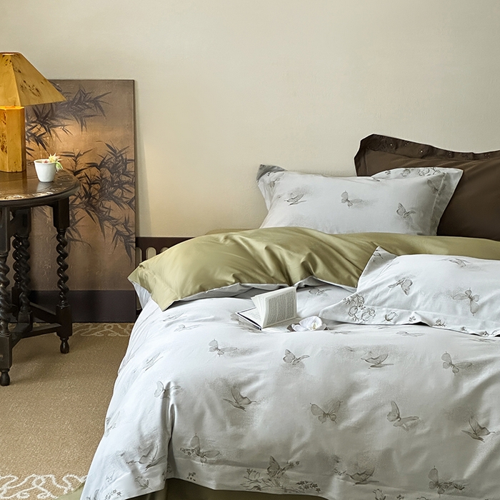 91家纺网 家纺一手货源 找家纺 赫帛 2025新款50S色织提花贡缎长绒棉四件套-蝶恋花 蝶恋花-绿色