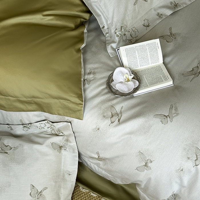 91家纺网 家纺一手货源 找家纺 赫帛 2025新款50S色织提花贡缎长绒棉四件套-蝶恋花 蝶恋花-绿色