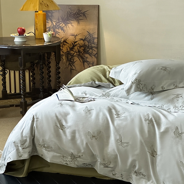 91家纺网 家纺一手货源 找家纺 赫帛 2025新款50S色织提花贡缎长绒棉四件套-蝶恋花 蝶恋花-绿色