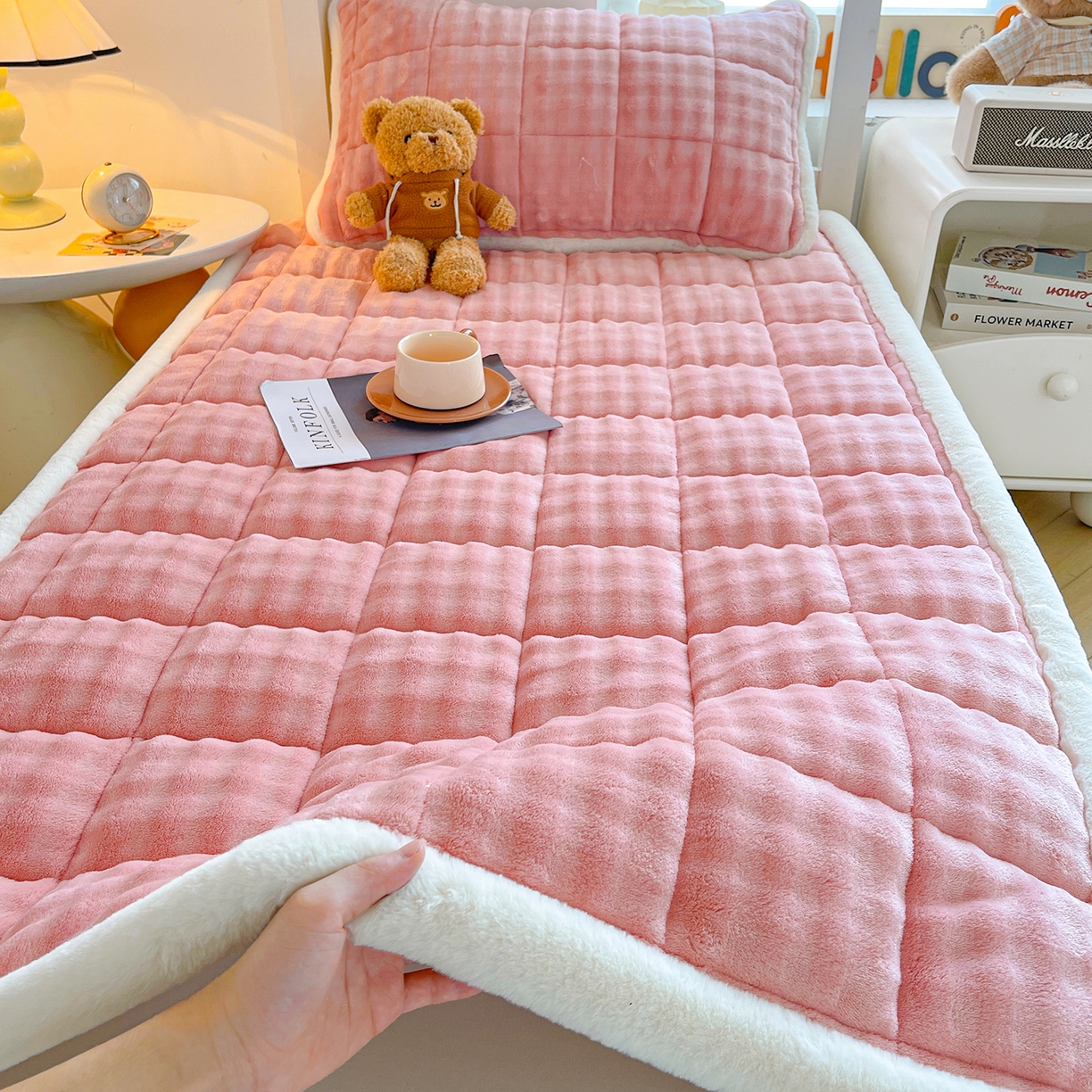 梵朴 2025新款牛奶绒泡泡兔毛绒床垫学生宿舍床褥子-纯色系列学生图 牛奶绒泡泡-豆沙粉