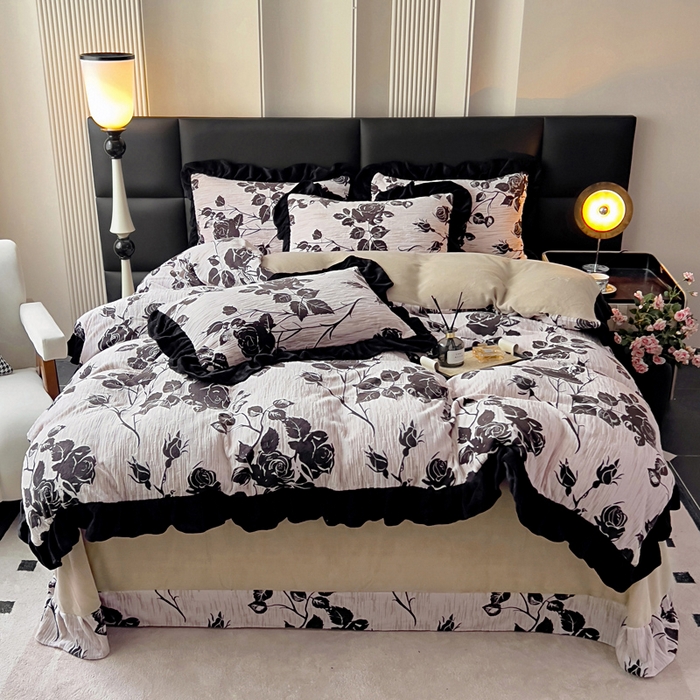 91家纺网 家纺一手货源 找家纺 找底底家纺 2025新款A类法式浪漫烂花赫本风牛奶绒四件套陌上花开-蔷薇