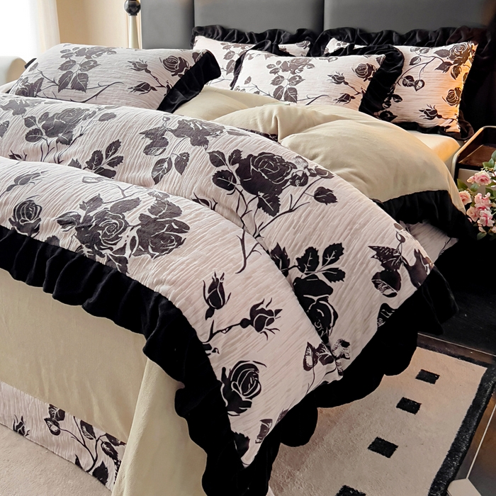 91家纺网 家纺一手货源 找家纺 找底底家纺 2025新款A类法式浪漫烂花赫本风牛奶绒四件套陌上花开-蔷薇