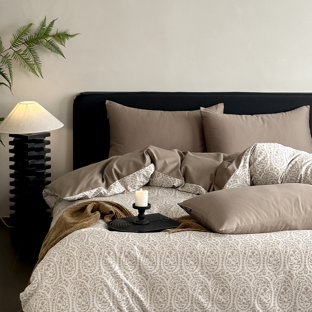 赫帛 2025新款60支全棉色织提花磨毛四件套-腰果花 腰果花-奶咖色