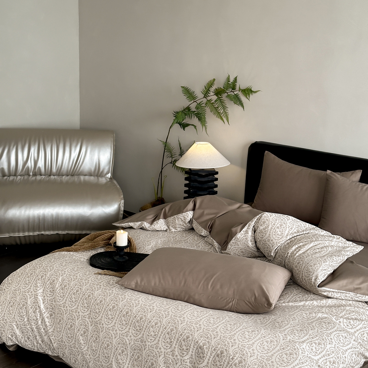 91家纺网 家纺一手货源 找家纺 赫帛 2025新款60支全棉色织提花磨毛四件套-腰果花 腰果花-奶咖色