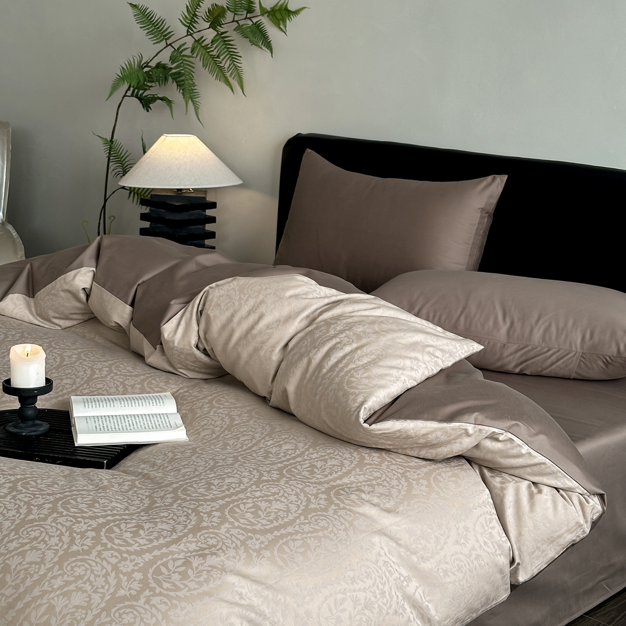 91家纺网 家纺一手货源 找家纺 赫帛 2025新款60支全棉色织提花磨毛四件套-腰果花 腰果花-绿米色