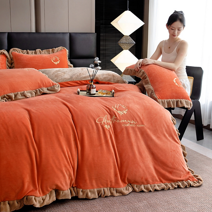 91家纺网 家纺一手货源 找家纺 找底底家纺 2025新款牛奶绒纯色刺绣四件套八斤重日销50单客户优惠10元 艾玛橙