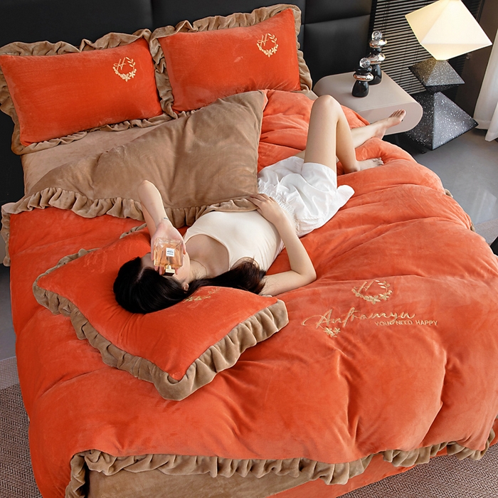 91家纺网 家纺一手货源 找家纺 找底底家纺 2025新款牛奶绒纯色刺绣四件套八斤重日销50单客户优惠10元 艾玛橙