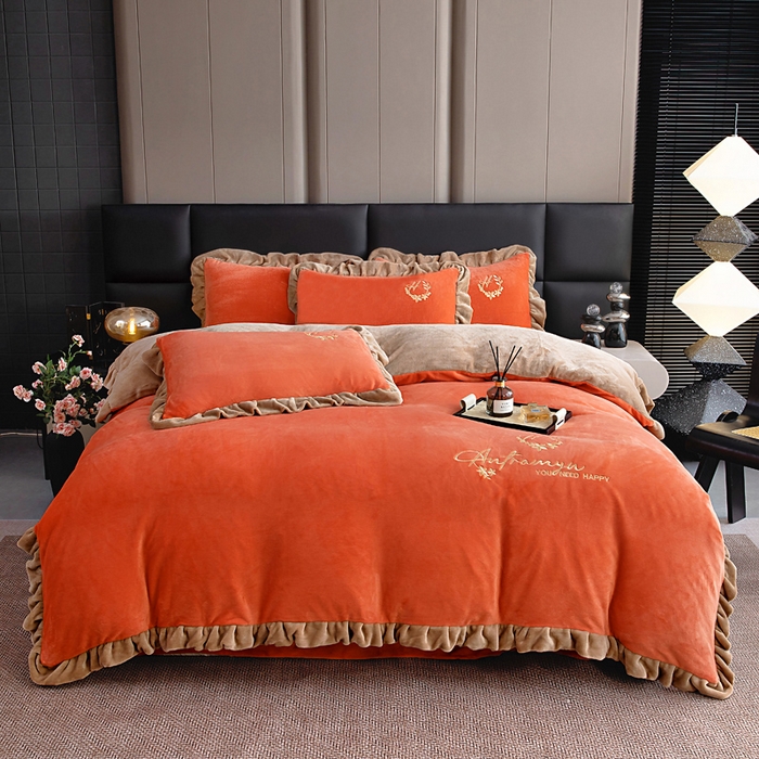 91家纺网 家纺一手货源 找家纺 找底底家纺 2025新款牛奶绒纯色刺绣四件套八斤重日销50单客户优惠10元 艾玛橙
