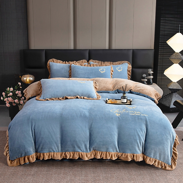 91家纺网 家纺一手货源 找家纺 找底底家纺 2025新款牛奶绒纯色刺绣四件套八斤重日销50单客户优惠10元 天蓝