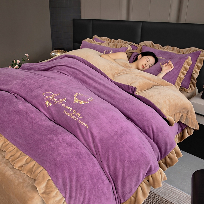 找底底家纺 2025新款牛奶绒纯色刺绣四件套八斤重日销50单客户优惠10元 香芋紫