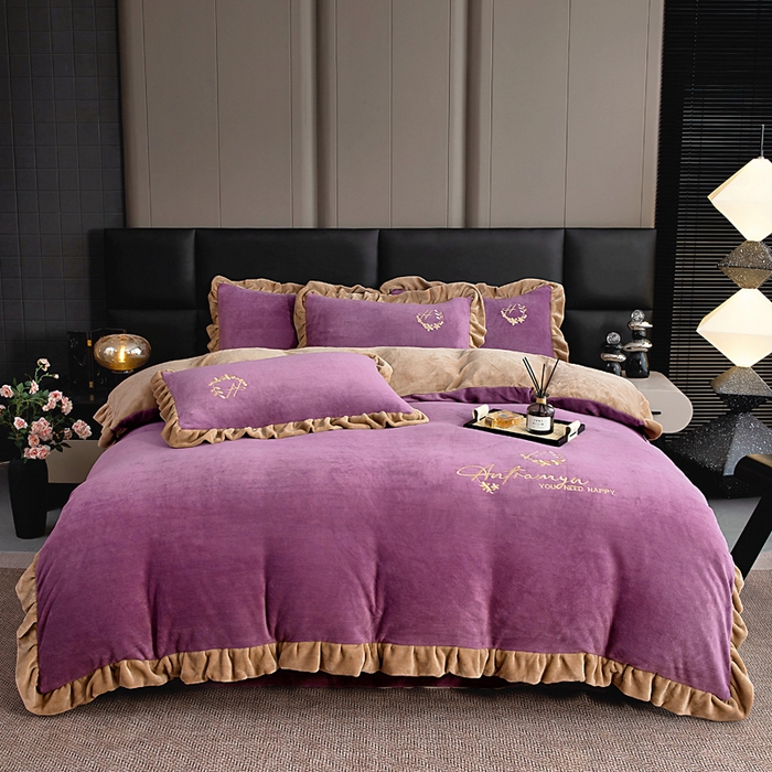 91家纺网 家纺一手货源 找家纺 找底底家纺 2025新款牛奶绒纯色刺绣四件套八斤重日销50单客户优惠10元 香芋紫