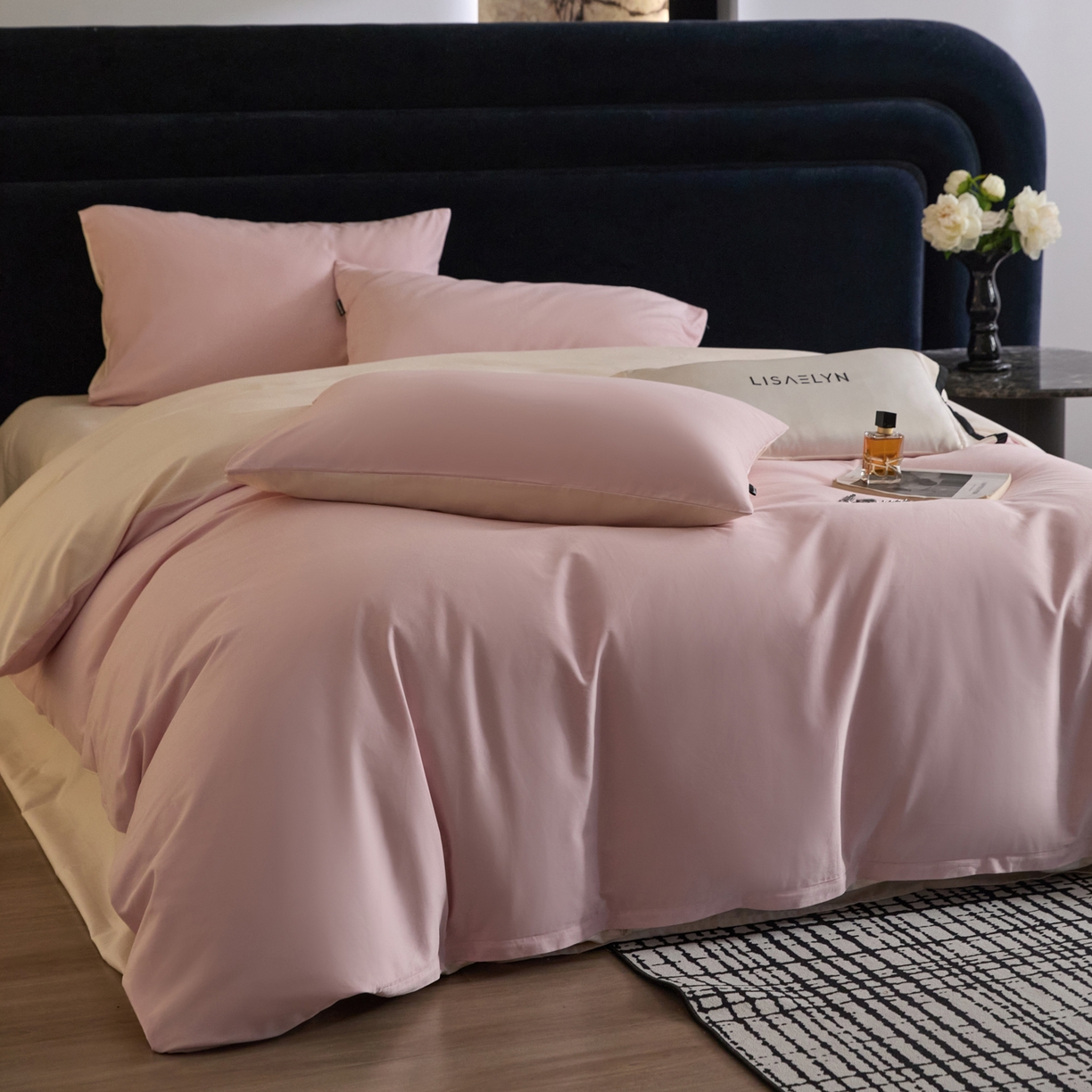 91家纺网 家纺一手货源 找家纺 朵希曼 2026新款全棉纯色长绒棉磨毛系列四件套 芭蕾粉