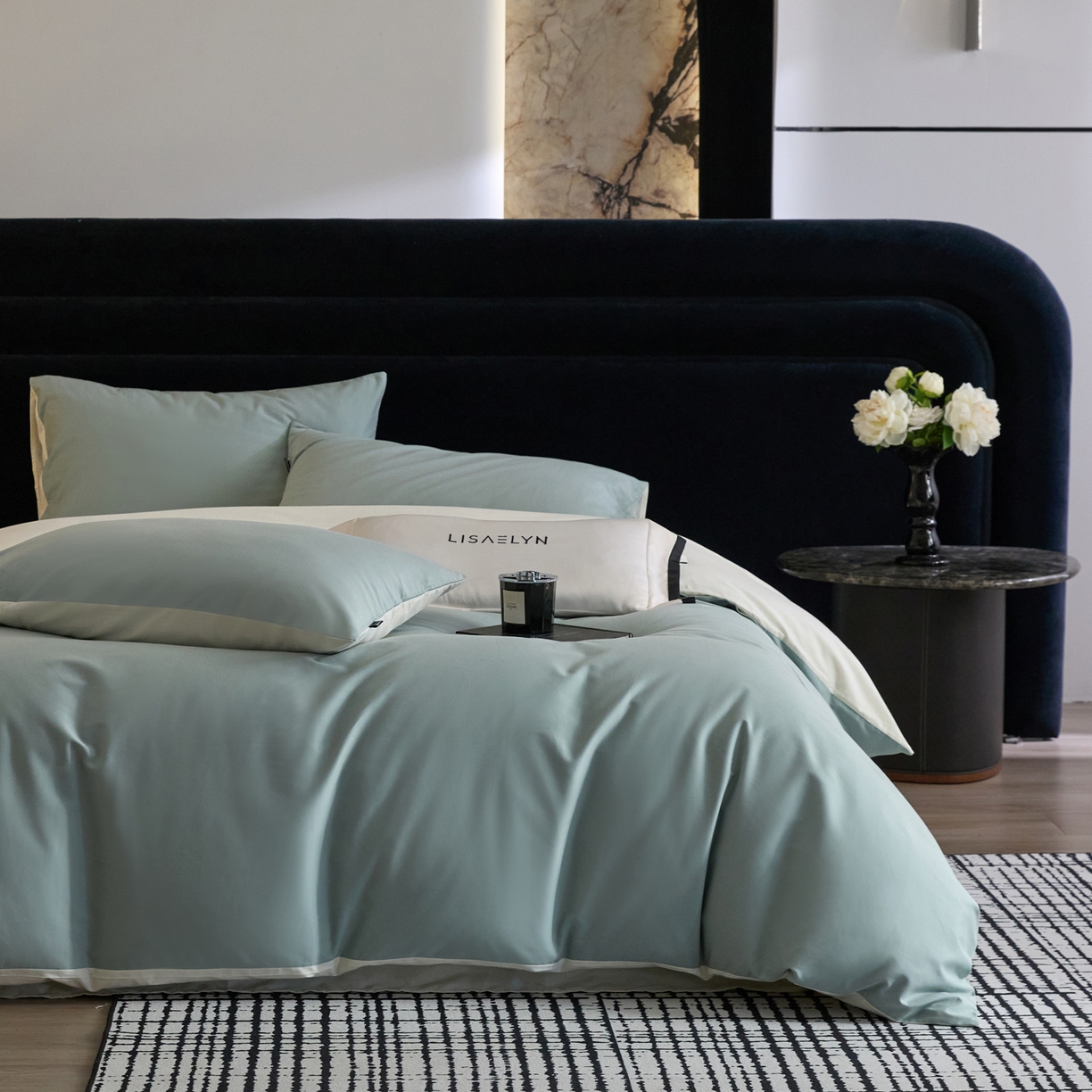 91家纺网 家纺一手货源 找家纺 朵希曼 2026新款全棉纯色长绒棉磨毛系列四件套 风青月白