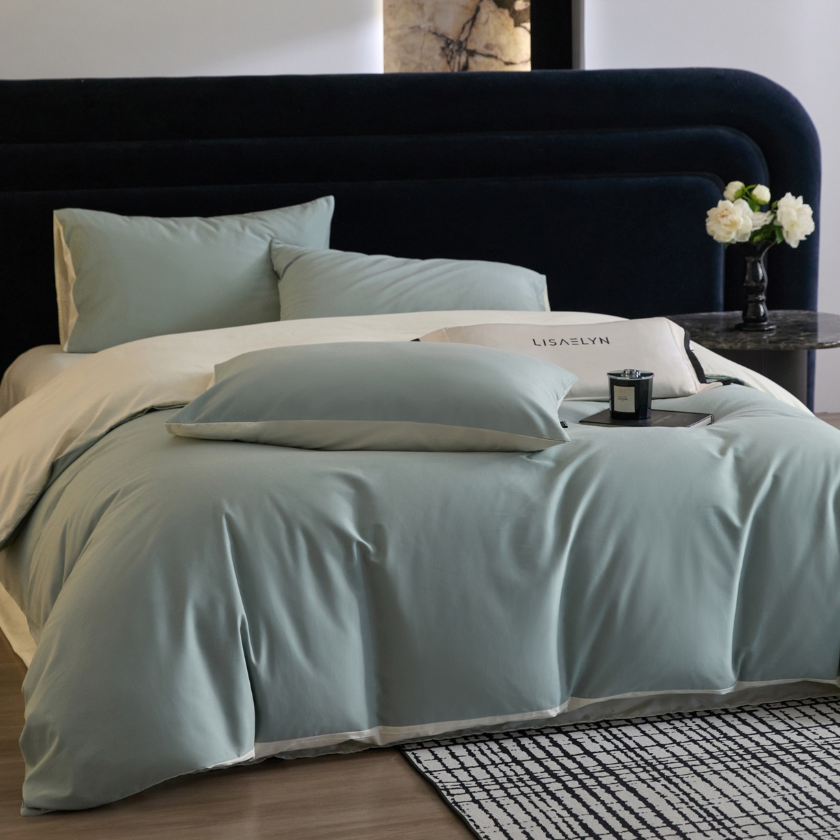 91家纺网 家纺一手货源 找家纺 朵希曼 2026新款全棉纯色长绒棉磨毛系列四件套 风青月白