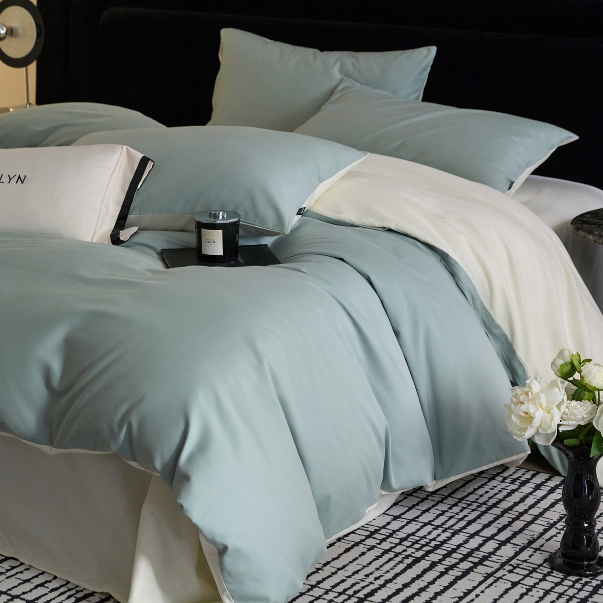 91家纺网 家纺一手货源 找家纺 朵希曼 2026新款全棉纯色长绒棉磨毛系列四件套 风青月白