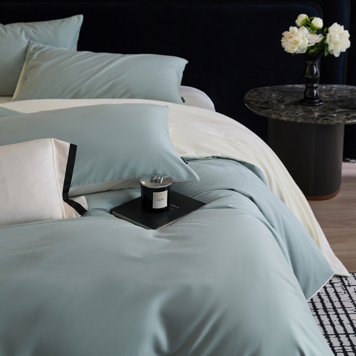 91家纺网 家纺一手货源 找家纺 朵希曼 2026新款全棉纯色长绒棉磨毛系列四件套 风青月白