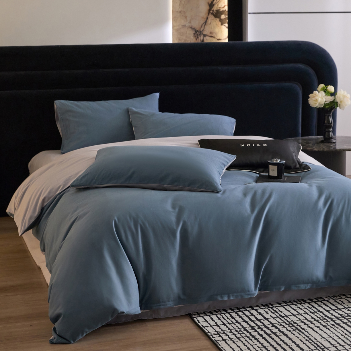 91家纺网 家纺一手货源 找家纺 朵希曼 2026新款全棉纯色长绒棉磨毛系列四件套 蓝韵雾纱