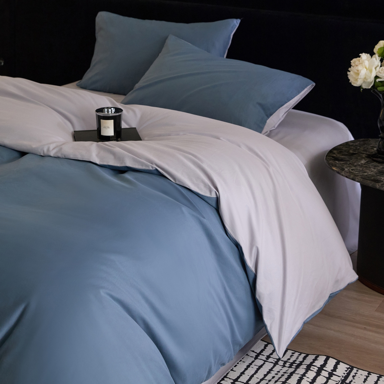 91家纺网 家纺一手货源 找家纺 朵希曼 2026新款全棉纯色长绒棉磨毛系列四件套 蓝韵雾纱