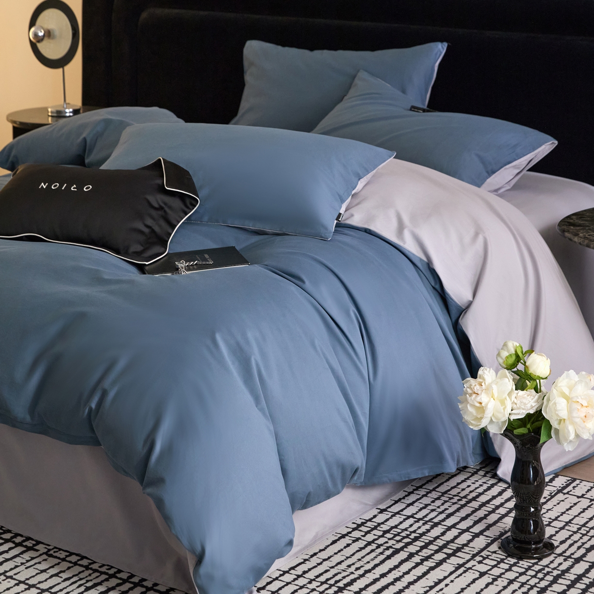 91家纺网 家纺一手货源 找家纺 朵希曼 2026新款全棉纯色长绒棉磨毛系列四件套 蓝韵雾纱