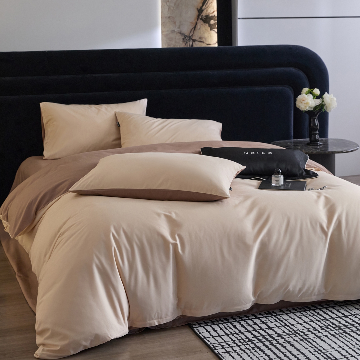 91家纺网 家纺一手货源 找家纺 朵希曼 2026新款全棉纯色长绒棉磨毛系列四件套 云纱可可