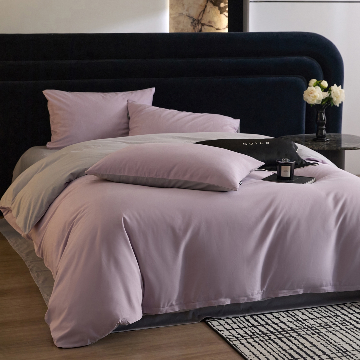 91家纺网 家纺一手货源 找家纺 朵希曼 2026新款全棉纯色长绒棉磨毛系列四件套 紫栗灰