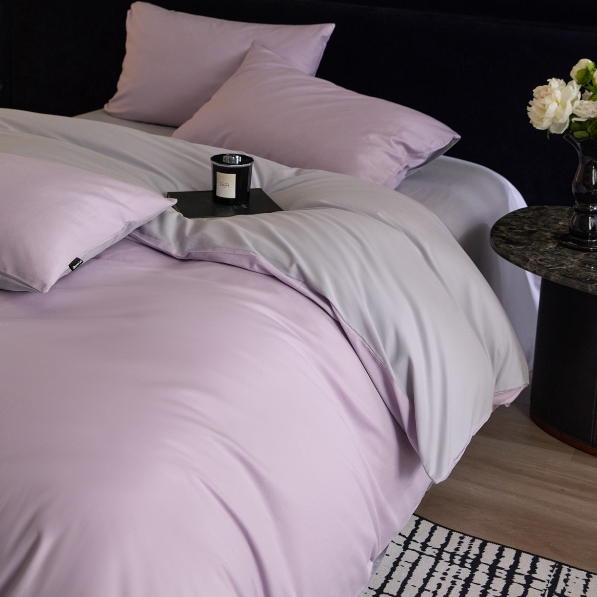 91家纺网 家纺一手货源 找家纺 朵希曼 2026新款全棉纯色长绒棉磨毛系列四件套 紫栗灰