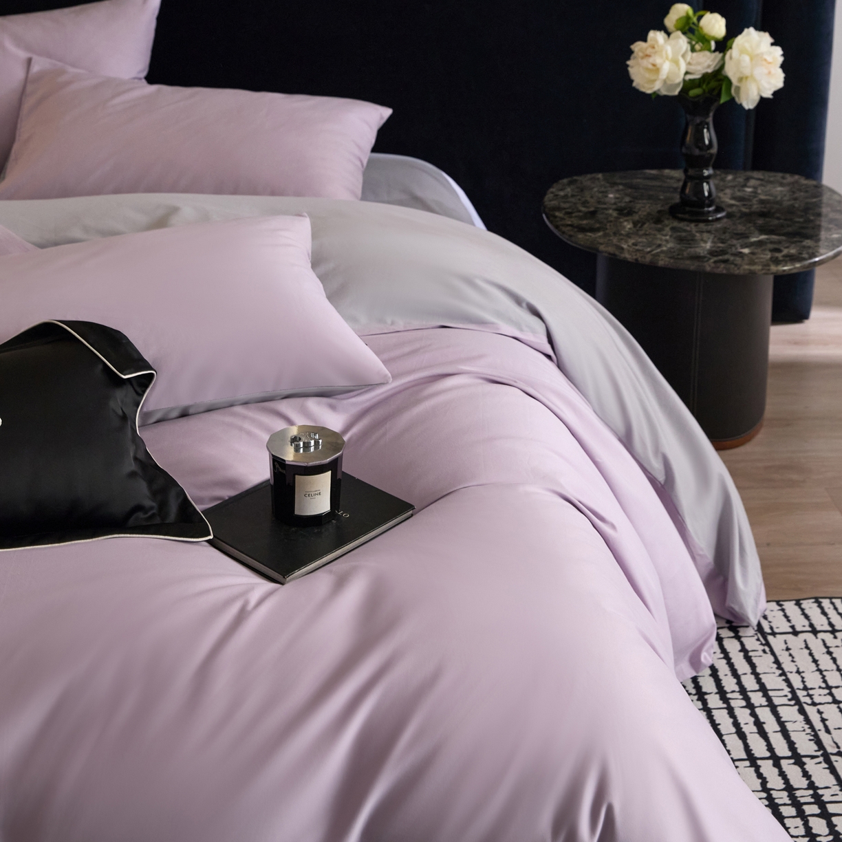 91家纺网 家纺一手货源 找家纺 朵希曼 2026新款全棉纯色长绒棉磨毛系列四件套 紫栗灰