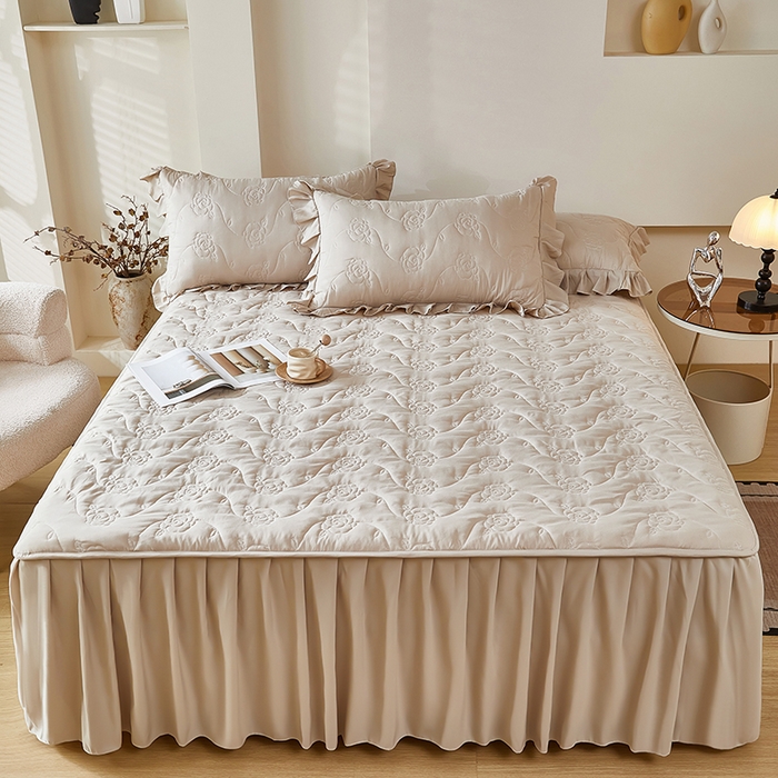 瑞兴纺 2025年新款亲肤夹棉床笠床裙 床裙花边款：繁花-卡其色