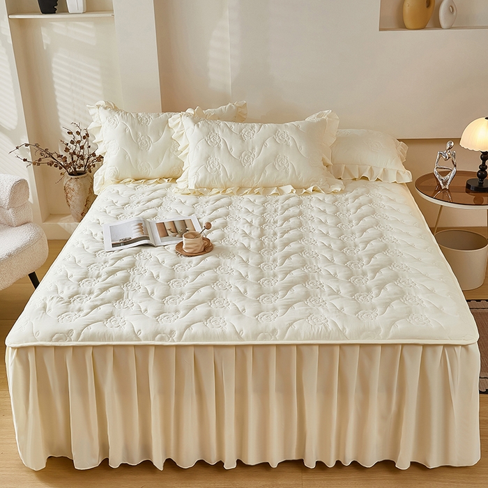 瑞兴纺 2025年新款亲肤夹棉床笠床裙 床裙花边款：繁花-米白