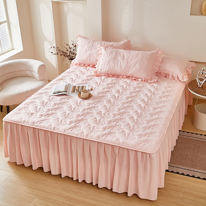 91家纺网 家纺一手货源 找家纺 瑞兴纺 2025年新款亲肤夹棉床笠床裙 床裙花边款：繁花-雅典玉