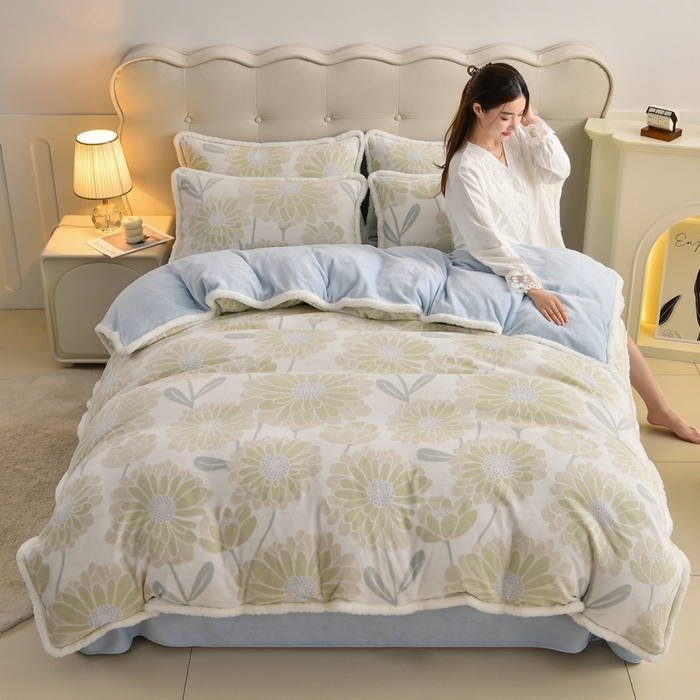 91家纺网 家纺一手货源 找家纺 畅畅家纺 2025新款高克重兔毛大包边立体雕花牛奶绒床单四件套 花样年华