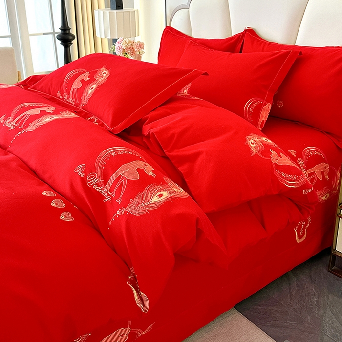 91家纺网 家纺一手货源 找家纺 橘姿 2025新款100%加厚全棉四件套纯棉四件套磨毛四件套礼盒装（控价不低于170） 珍爱大红