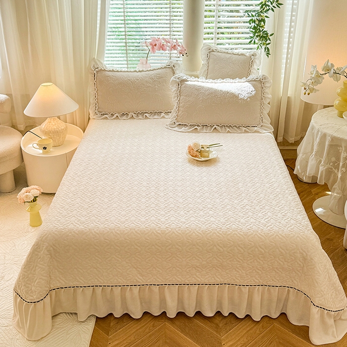 花香四季家纺 2025新款牛奶绒夹棉床盖单件三件套-浪漫花语 浪漫花语-奶油白