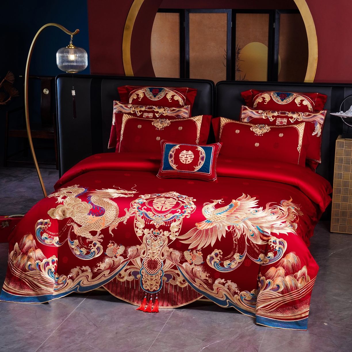 91家纺网 家纺一手货源 找家纺 芊囍纺 2025新款双面长绒棉高端婚庆提花重工刺绣四件套多件套系列 龙凤情缘