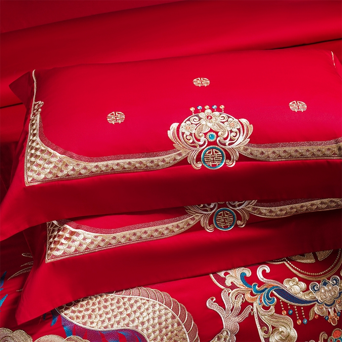 91家纺网 家纺一手货源 找家纺 芊囍纺 2025新款双面长绒棉高端婚庆提花重工刺绣四件套多件套系列 龙凤情缘