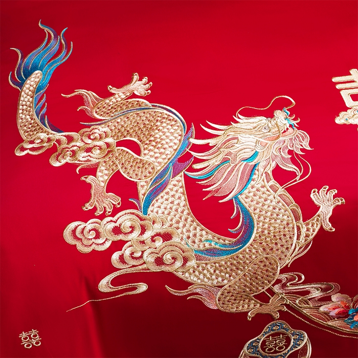 91家纺网 家纺一手货源 找家纺 芊囍纺 2025新款双面长绒棉高端婚庆提花重工刺绣四件套多件套系列 龙翔风喜