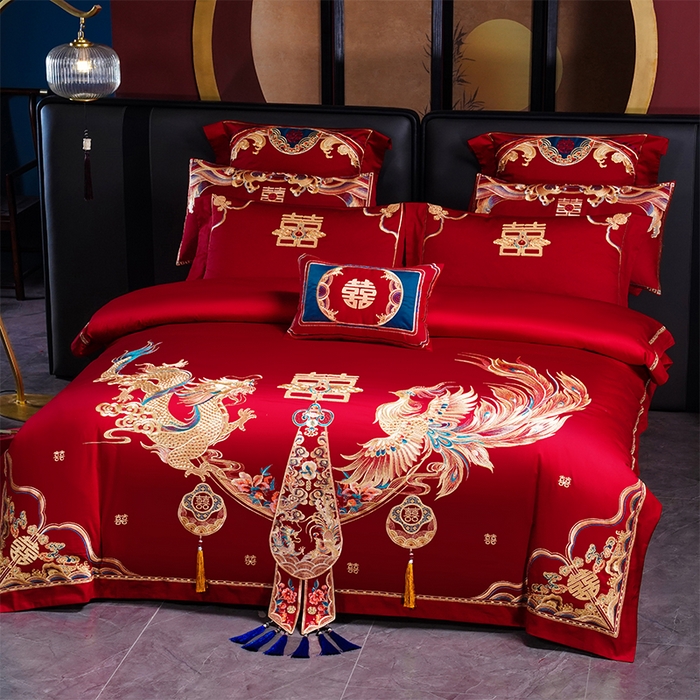 芊囍纺 2025新款双面长绒棉高端婚庆提花重工刺绣四件套多件套系列 龙翔风喜