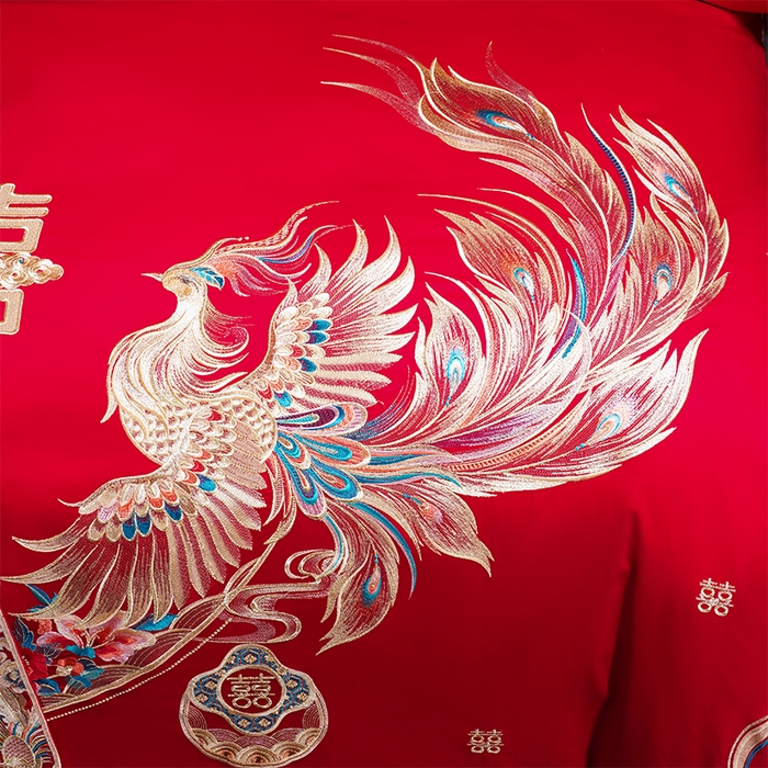 91家纺网 家纺一手货源 找家纺 芊囍纺 2025新款双面长绒棉高端婚庆提花重工刺绣四件套多件套系列 龙翔风喜