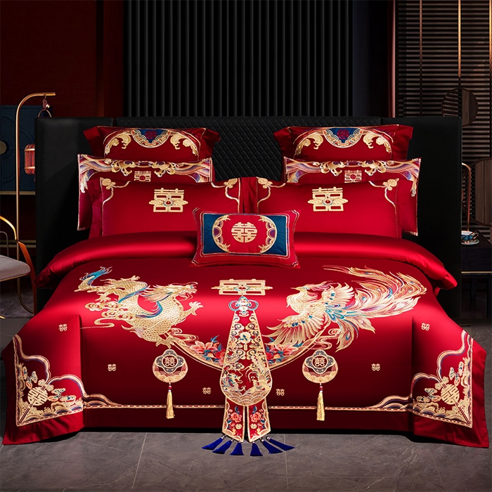 91家纺网 家纺一手货源 找家纺 芊囍纺 2025新款双面长绒棉高端婚庆提花重工刺绣四件套多件套系列 龙翔风喜