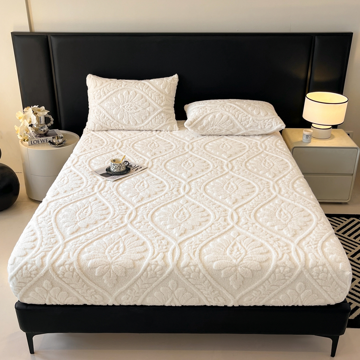 91家纺网 家纺一手货源 找家纺 欧邦 2025新款提花塔芙绒床笠单床笠床笠单件-繁花 繁花-象牙白