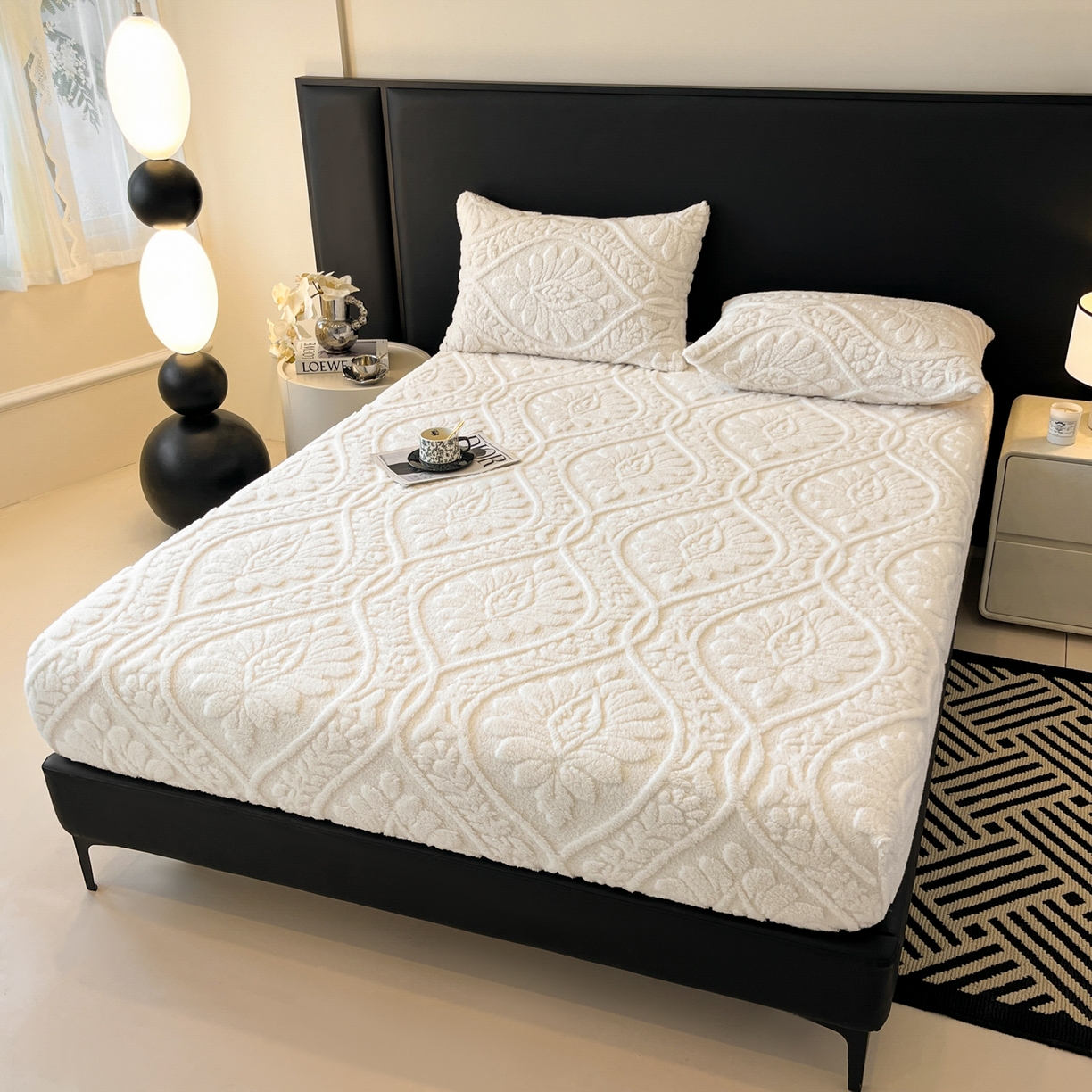 91家纺网 家纺一手货源 找家纺 欧邦 2025新款提花塔芙绒床笠单床笠床笠单件-繁花 繁花-象牙白