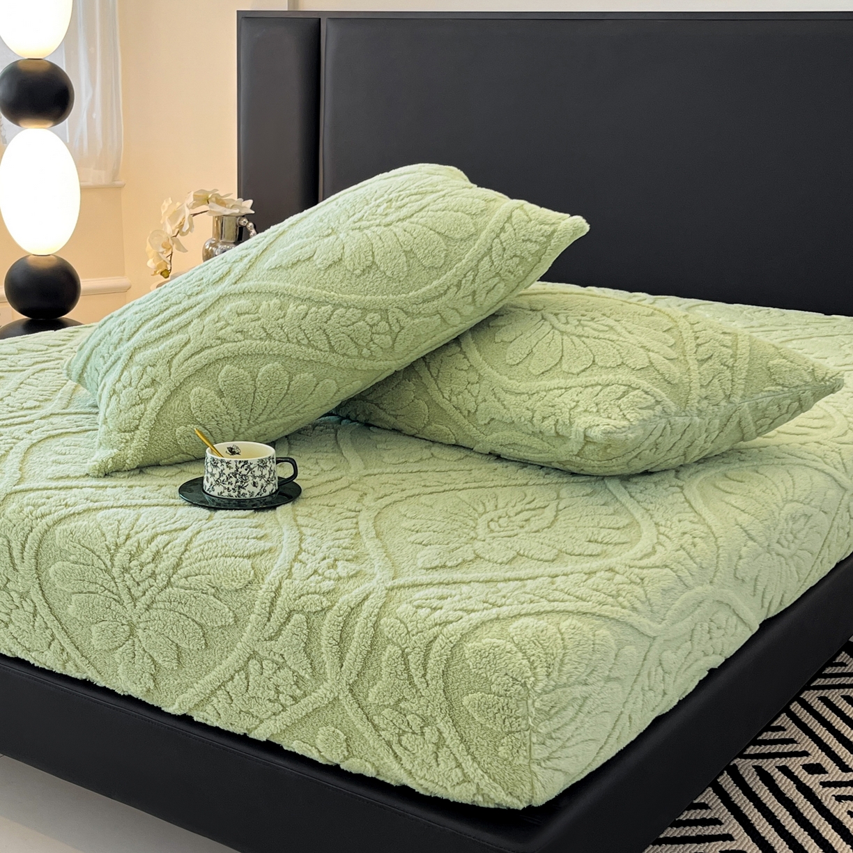 91家纺网 家纺一手货源 找家纺 欧邦 2025新款提花塔芙绒床笠单床笠床笠单件-繁花 繁花-复古绿