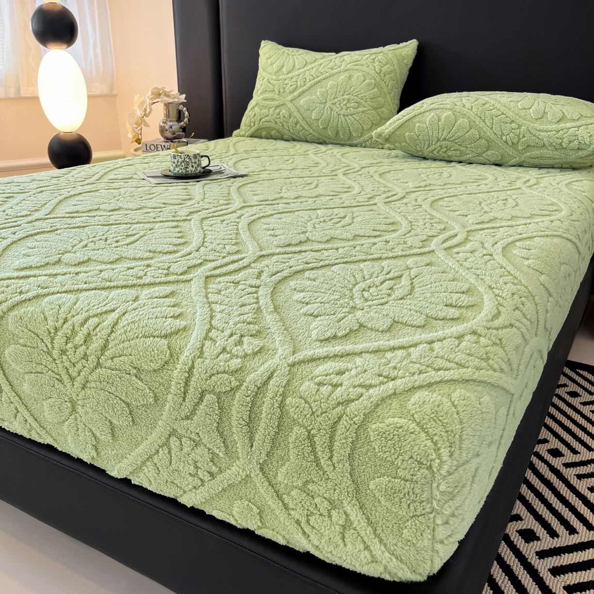 91家纺网 家纺一手货源 找家纺 欧邦 2025新款提花塔芙绒床笠单床笠床笠单件-繁花 繁花-复古绿