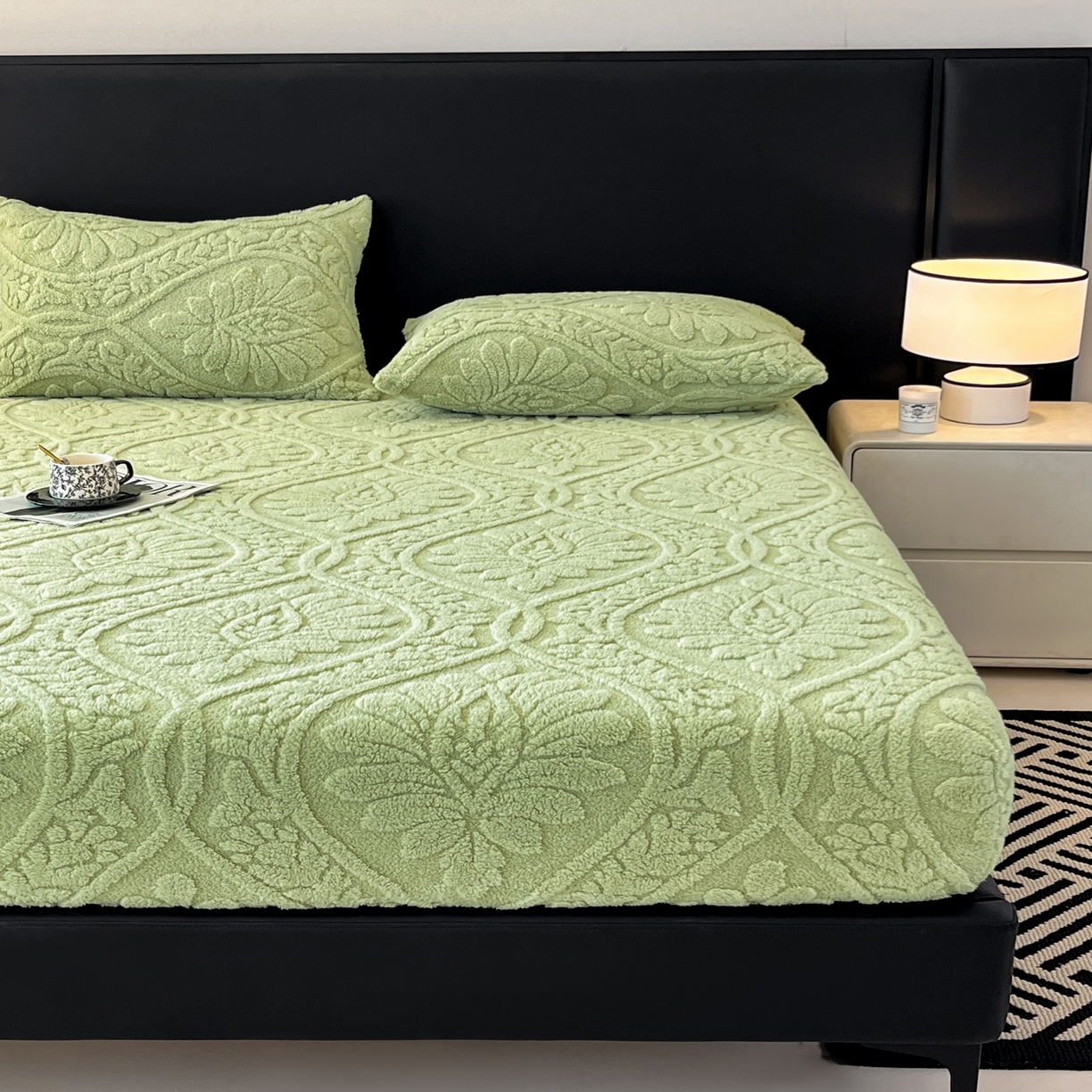 91家纺网 家纺一手货源 找家纺 欧邦 2025新款提花塔芙绒床笠单床笠床笠单件-繁花 繁花-复古绿