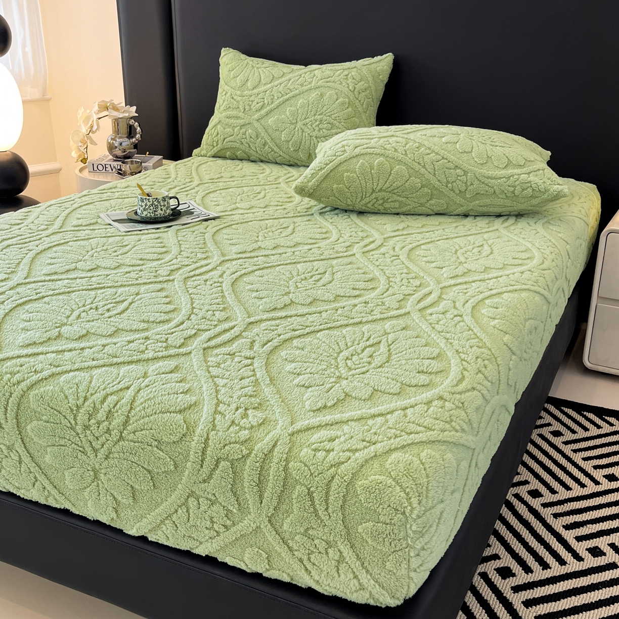 91家纺网 家纺一手货源 找家纺 欧邦 2025新款提花塔芙绒床笠单床笠床笠单件-繁花 繁花-复古绿