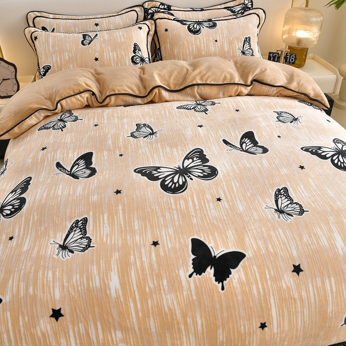 91家纺网 家纺一手货源 找家纺 赫本 2025新品8斤爆品牛奶绒四件套床裙款金雕绒法莱绒四套件 蝶语-咖