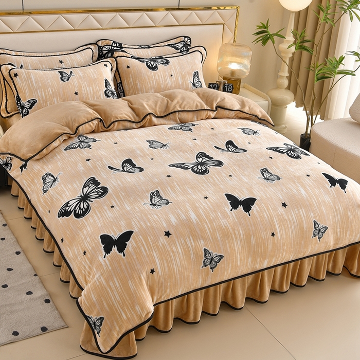 91家纺网 家纺一手货源 找家纺 赫本 2025新品8斤爆品牛奶绒四件套床裙款金雕绒法莱绒四套件 蝶语-咖