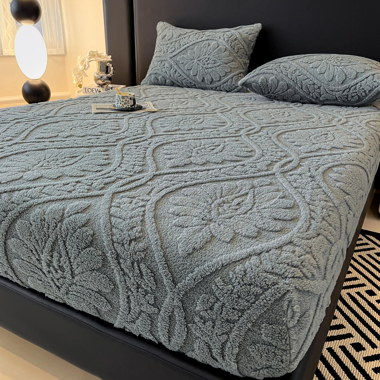 91家纺网 家纺一手货源 找家纺 欧邦 2025新款提花塔芙绒床笠单床笠床笠单件-繁花 繁花-深灰